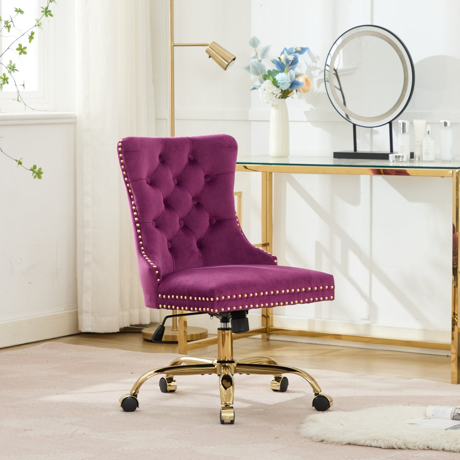 Purple Velvet Tufted Nailhead Trim Office Chair with Gold Legs