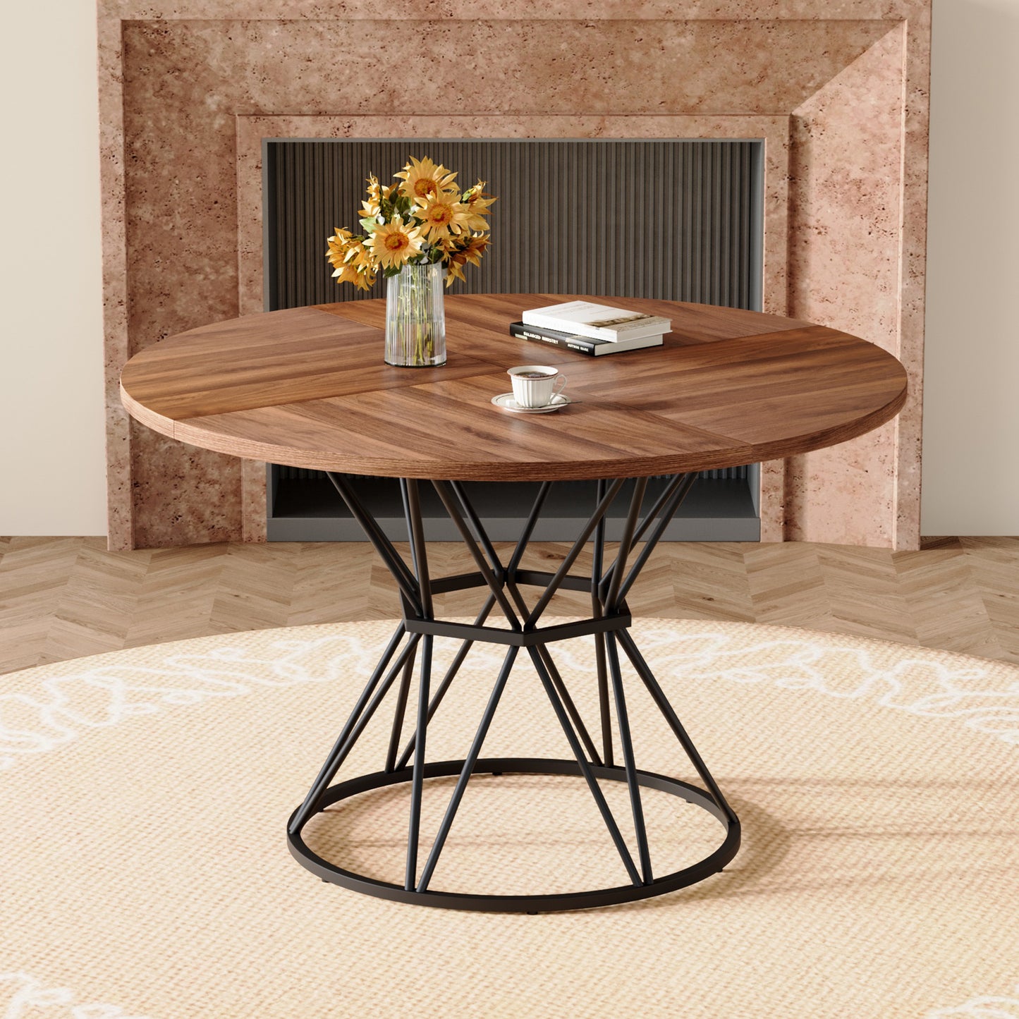 A Circular Dining Table with a Diameter of 47" - Black & Walnut - primary color shot
