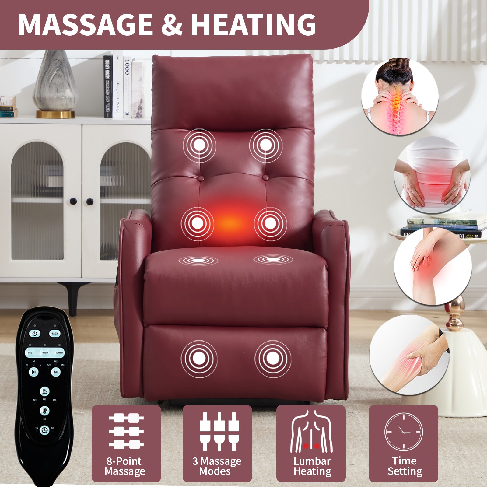 Wine Red PU Single Motor Power Lift Recliner Chair with Massage and Heat for Elderly - detail view 6