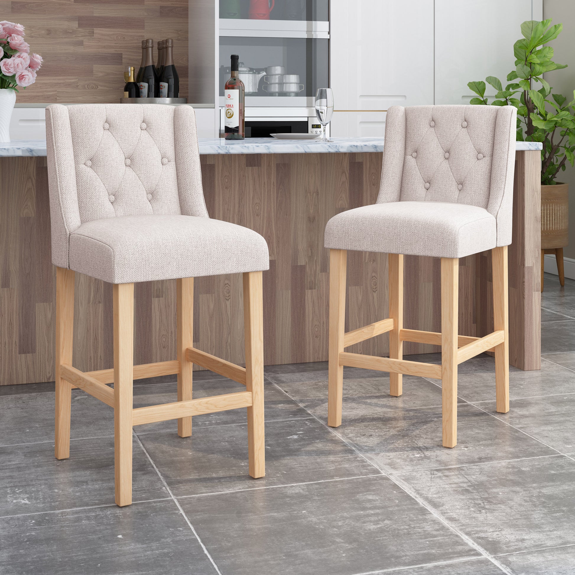 Vienna Contemporary Fabric Tufted Wingback 31 Inch Bar Stools, Set of 2, Beige and Natural
