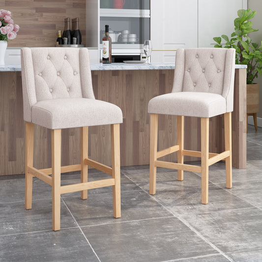 Vienna Contemporary Fabric Tufted Wingback 31 Inch Bar Stools, Set of 2, Beige and Natural