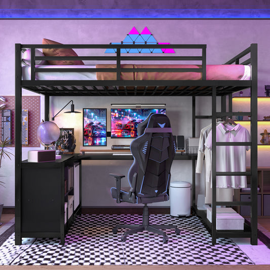Metal Loft Bed with Wardrobe and L-Shaped Desk - Black - detail view 2