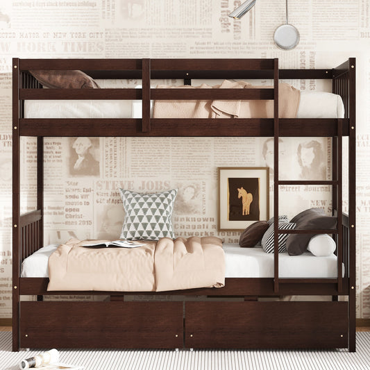 Twin over Twin Rubber Wood Bunk Bed with 2 Drawers - Espresso - primary color shot