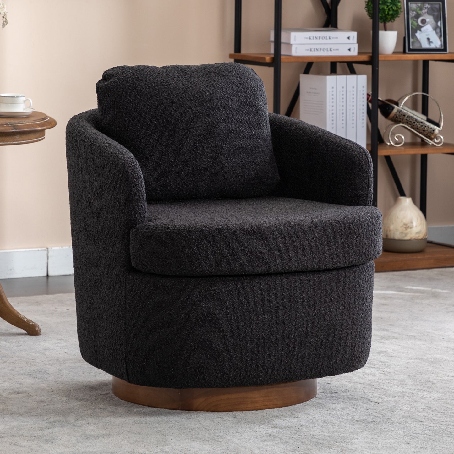 Barley Bouclé Upholstered Swivel Accent Chair with Wooden Base – Black