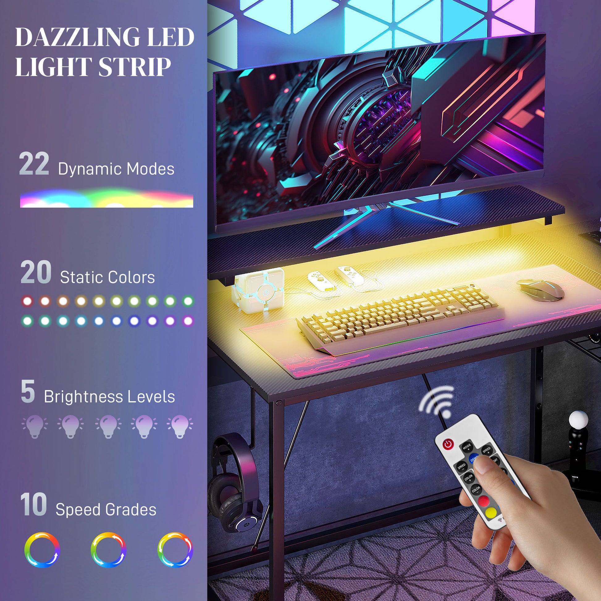 Wynn 42" L Shaped Desk with LED Lights, Power Outlet, USB Charging Ports, Black