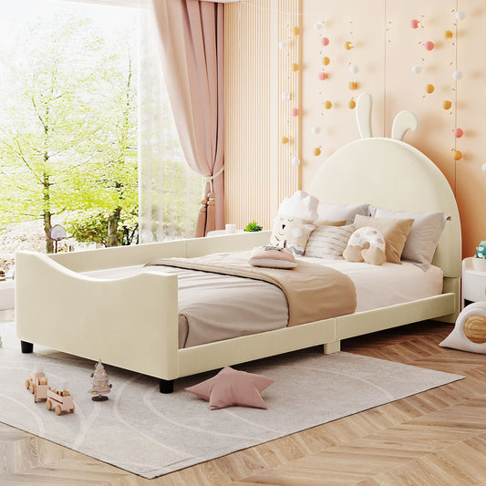Buggs Twin Size Upholstered Daybed with Rabbit Ear Shaped Headboard, Beige