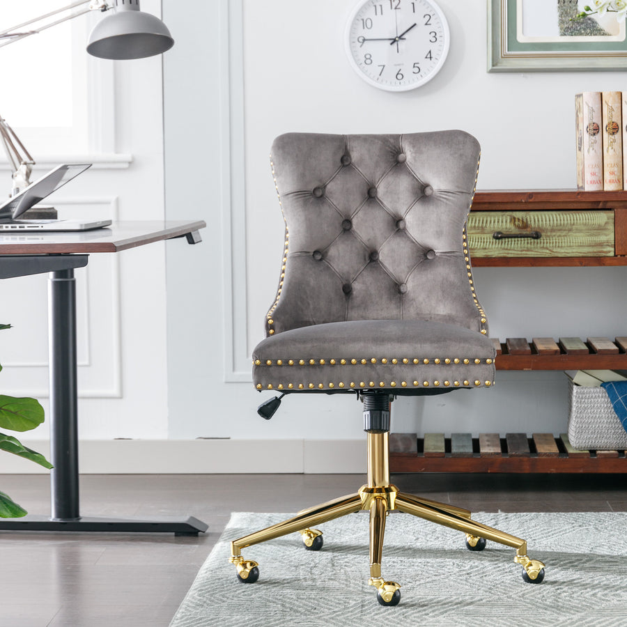 Gray Velvet Tufted Office Chair with Gold Legs