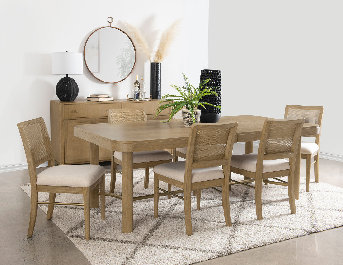 Arini 7PC 104" Solid Wood Dining Set with Extension Leaf & Rattan Chairs, Sand