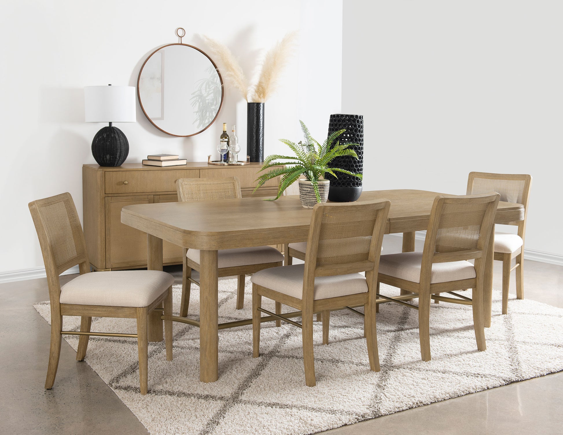 Arini 7PC 104" Solid Wood Dining Set with Extension Leaf & Rattan Chairs, Sand