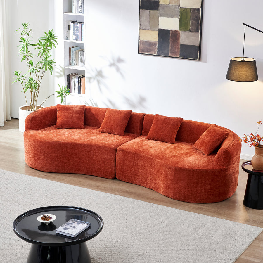 111'L Curved Boneless Cloud Sofa, Chenille Fabric Compressed Couch with High-Density Foam, No Assembly Needed, Orange Sofa for Living Room Apartment - primary color shot