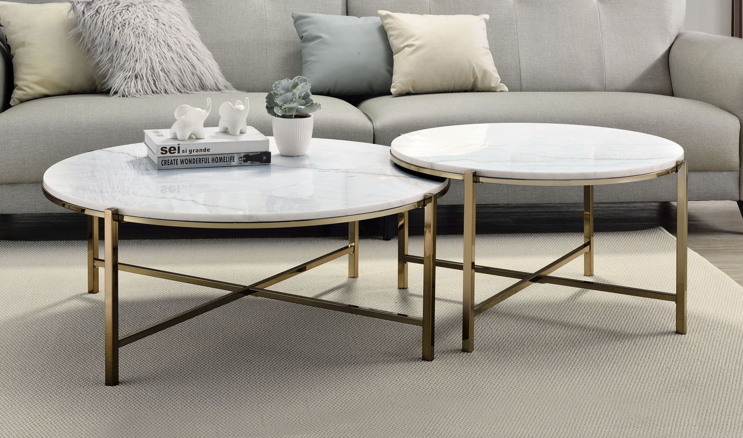 White Marble Steel Frame Nesting Tables with Wood Legs - primary color shot