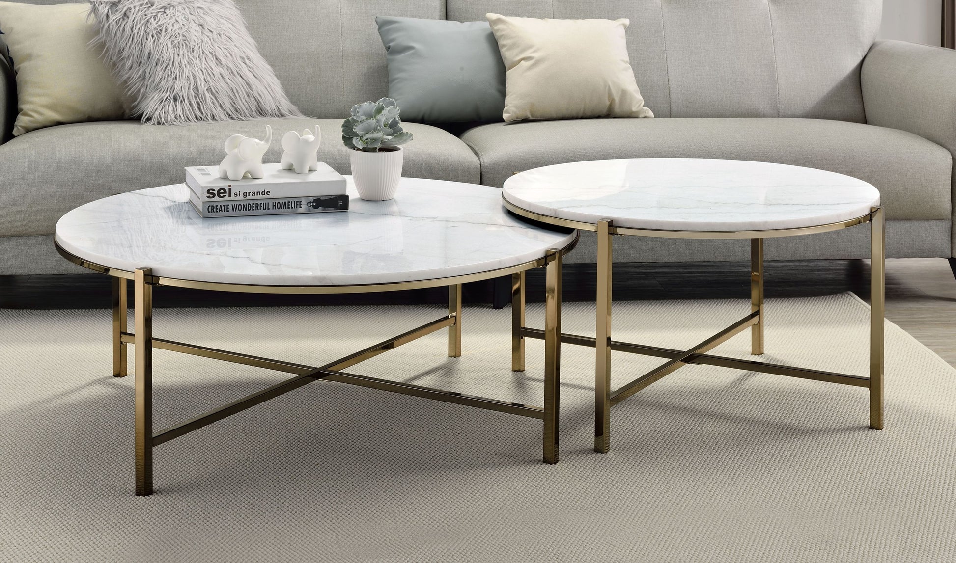 White Marble Steel Frame Nesting Tables with Wood Legs - primary color shot