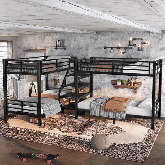 Twin L-Shaped Metal Bunk Bed with Storage Shelves and High-Quality Safety Guardrail - Black - primary color shot