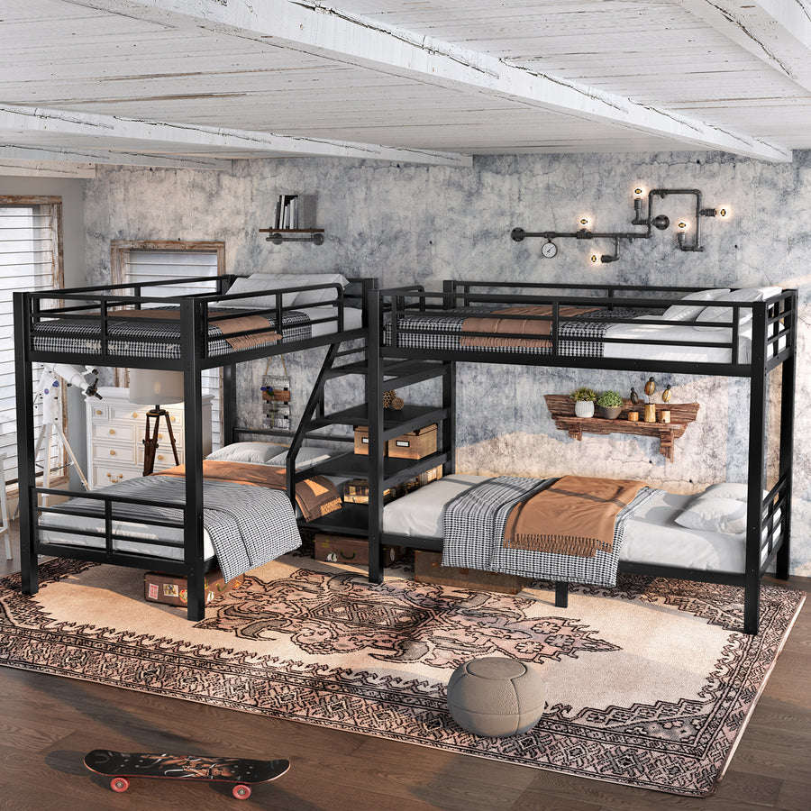 Twin L-Shaped Metal Bunk Bed with Storage Shelves and High-Quality Safety Guardrail - Black - primary color shot
