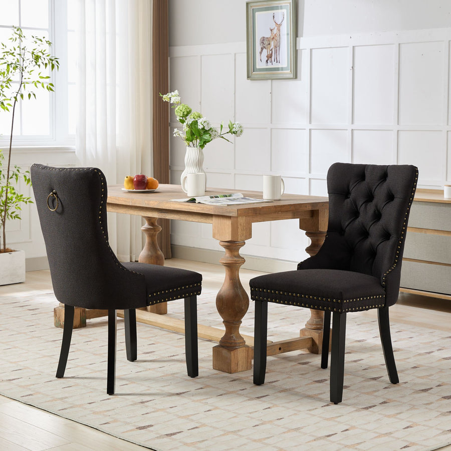 Black Fabric Tufted Nailhead Trim Dining Chairs with Black Legs (Set of 2)