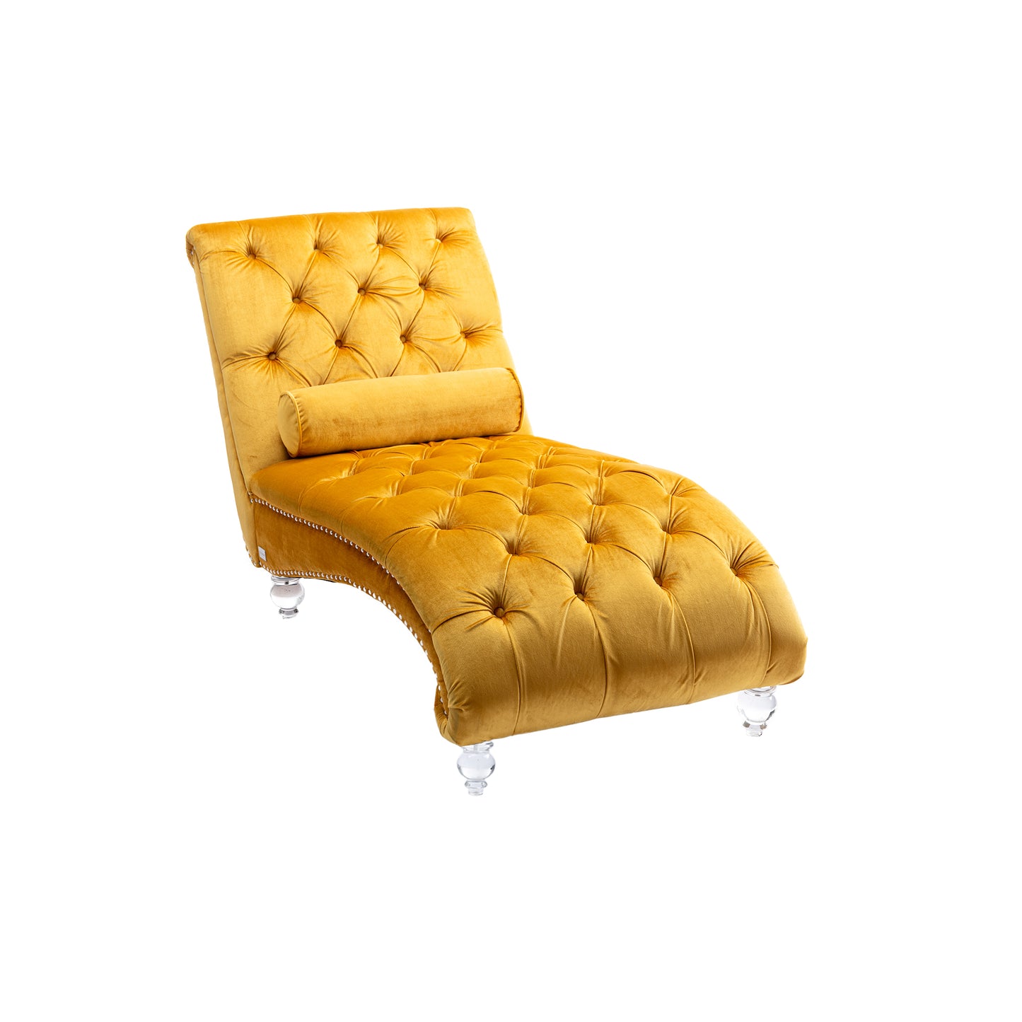 Mustard Velvet Tufted Chaise Lounge with Wood Legs - primary color shot