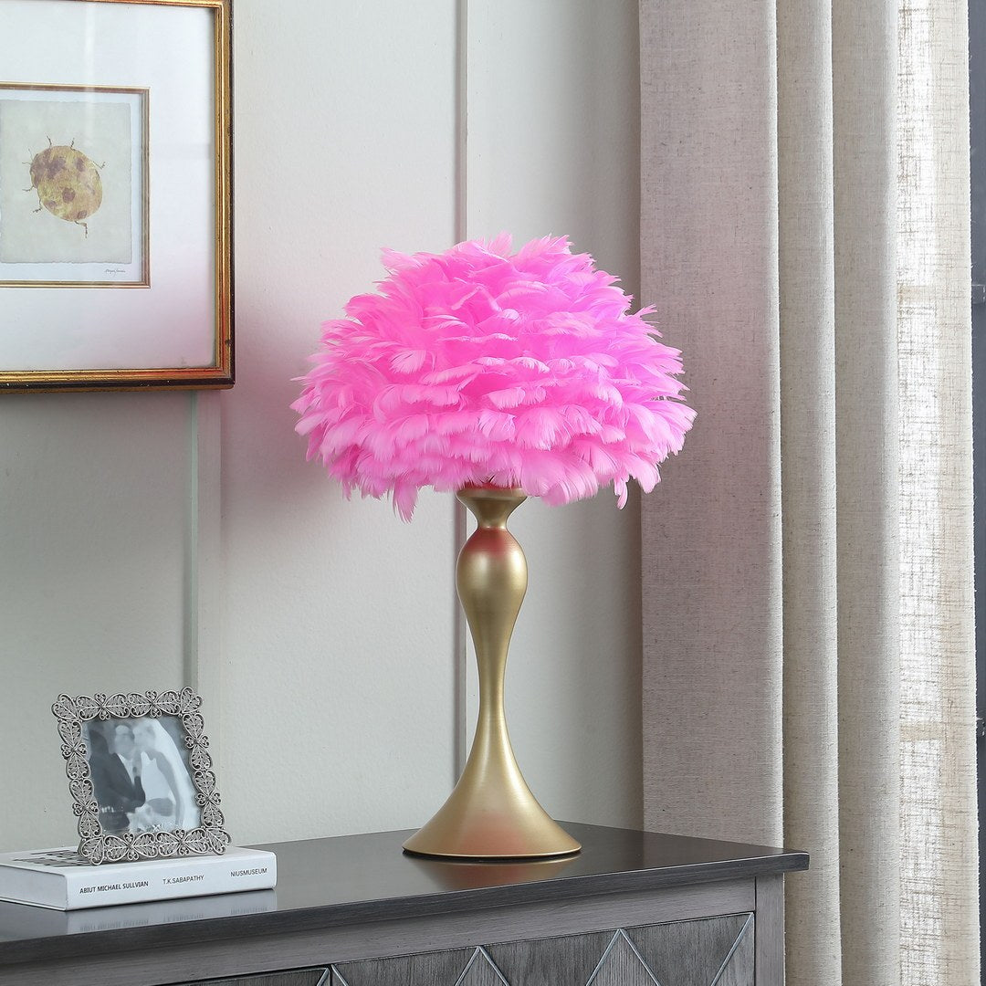 18.25'In Hot Pink Feather Aquina Satin Gold Metal Contour Glam Table Lamp