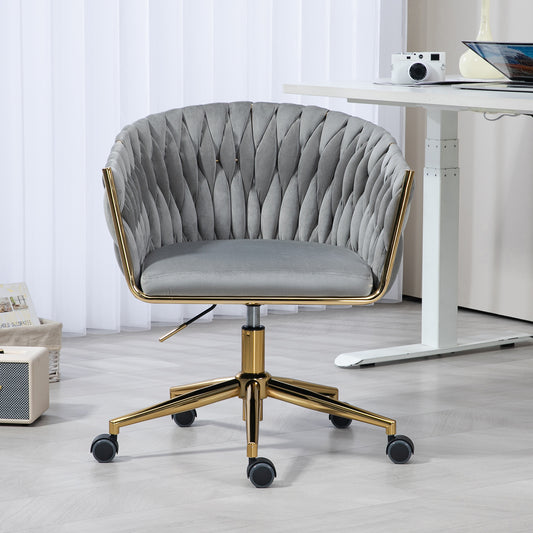 Stylish Grey Hand-Woven Backrest Office Chair with Wheels, Height Adjustable & 360° Swivel
