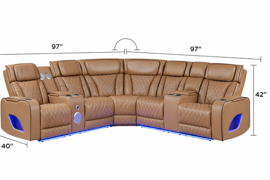 Fortuner Power Recliner Sectional Sofa with Power Headrests, Console Loveseats, Wedge, LED Light Strip, Speakers, Cup Holders & Storage Arms-Caramel - detail view 2