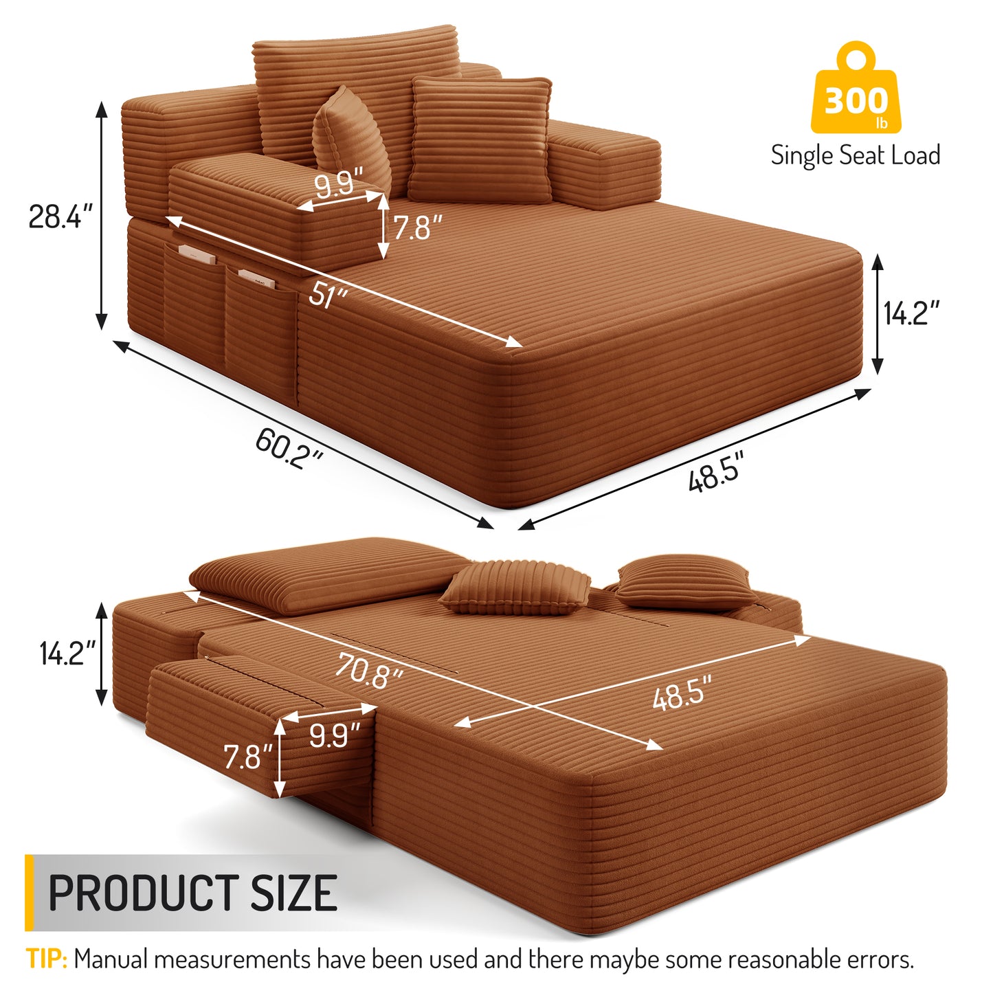Luxurious Plush Corduroy Chaise Lounge with 3 Pillows - Orange - detail view 2