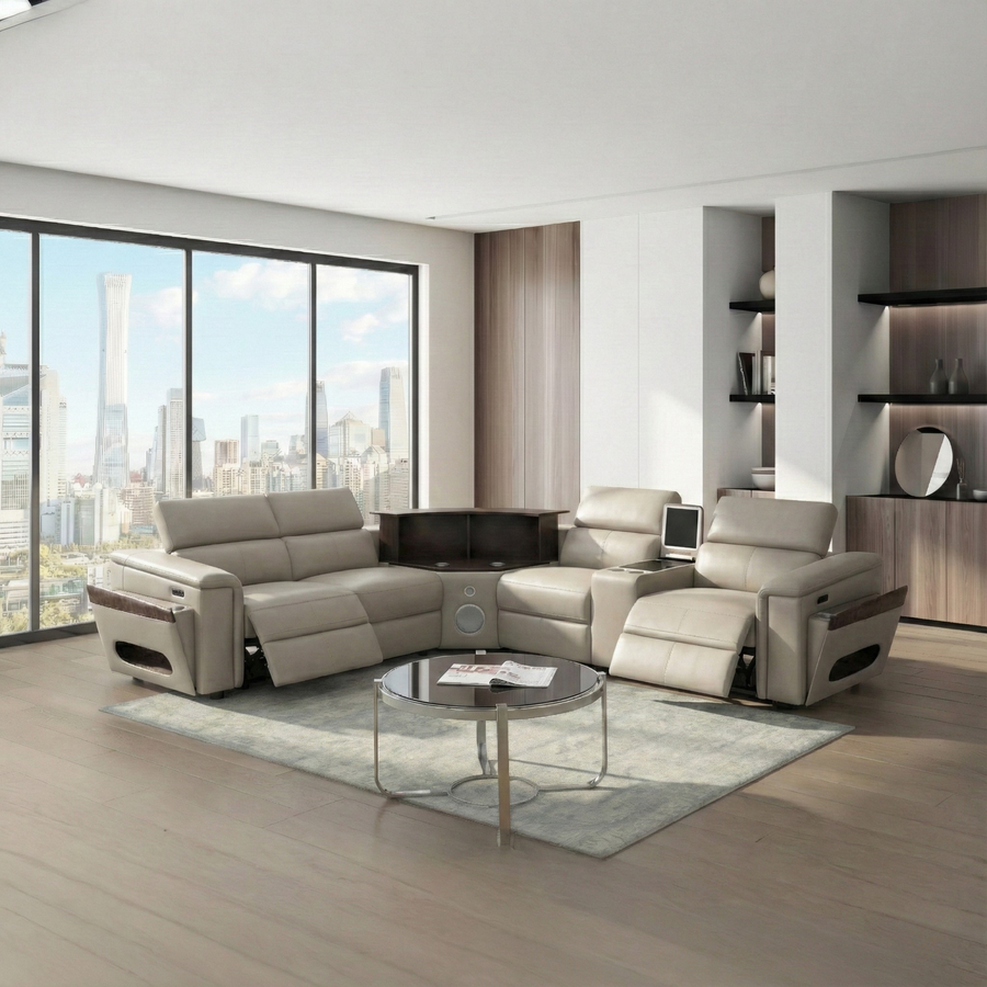 Nova Modern Style Sectional with 1 Console (Fridge), Wedge with Bluetooth speaker, LED and Lifting wine cabinet - Gray - primary color shot