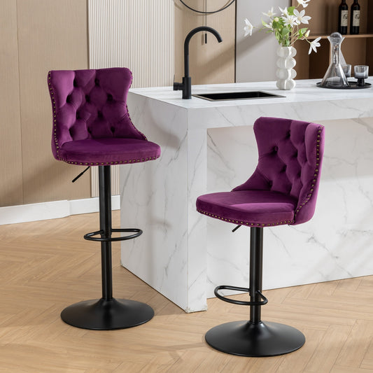 Purple Velvet Tufted Nailhead Trim Bar Stool (Set of 2)