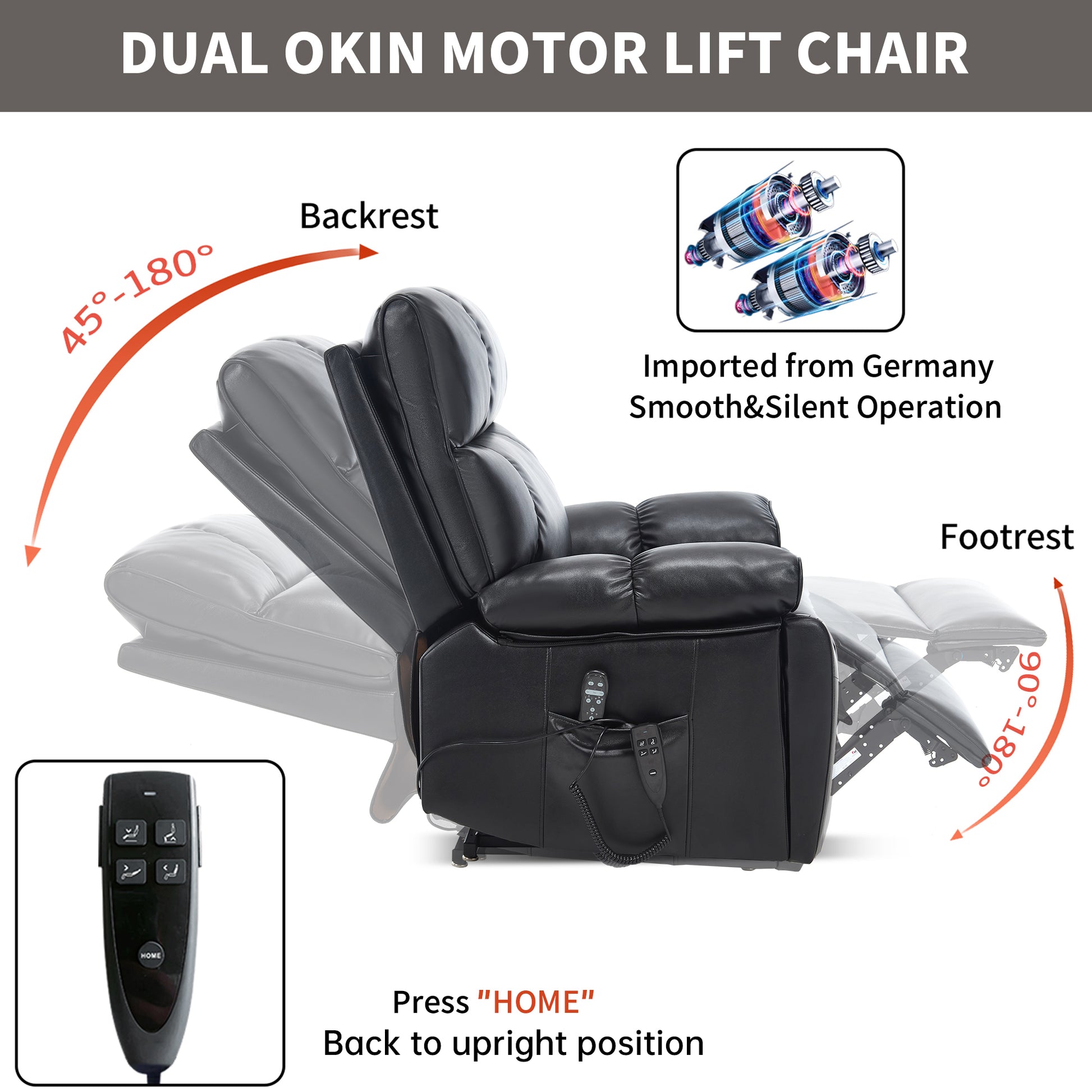 Black Leatheraire Heat Massage Dual Motor Infinite Position Up to 350 LBS Large Electric Power Lift Recliners with Hidden Cup Holders - detail view 6
