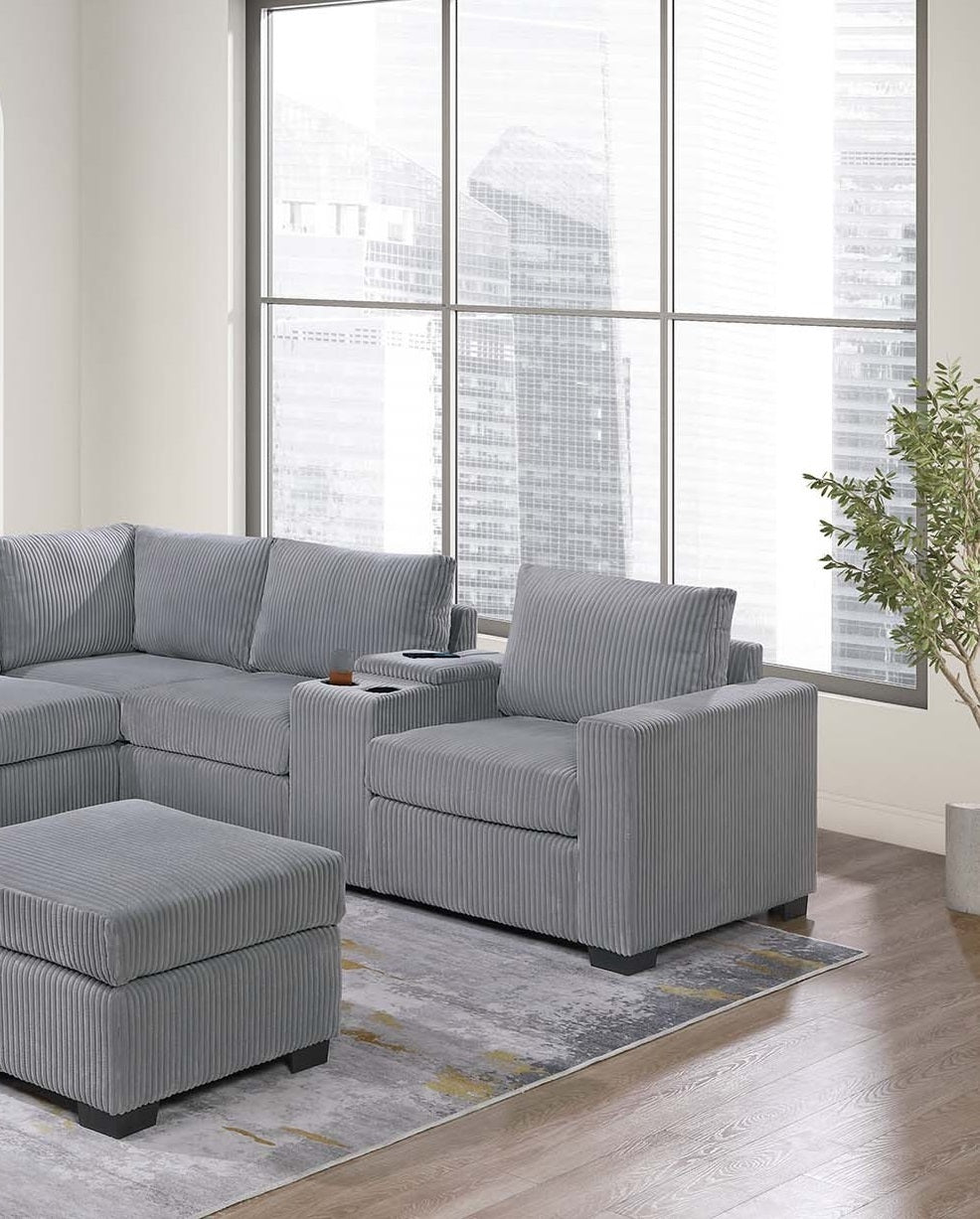 Modern Functional Light Gray Corduroy Upholstered Sectional Set Living Room One Arm Loveseat Wedge Console Ottoman 4pc Couch Sofa Set - detail view 6