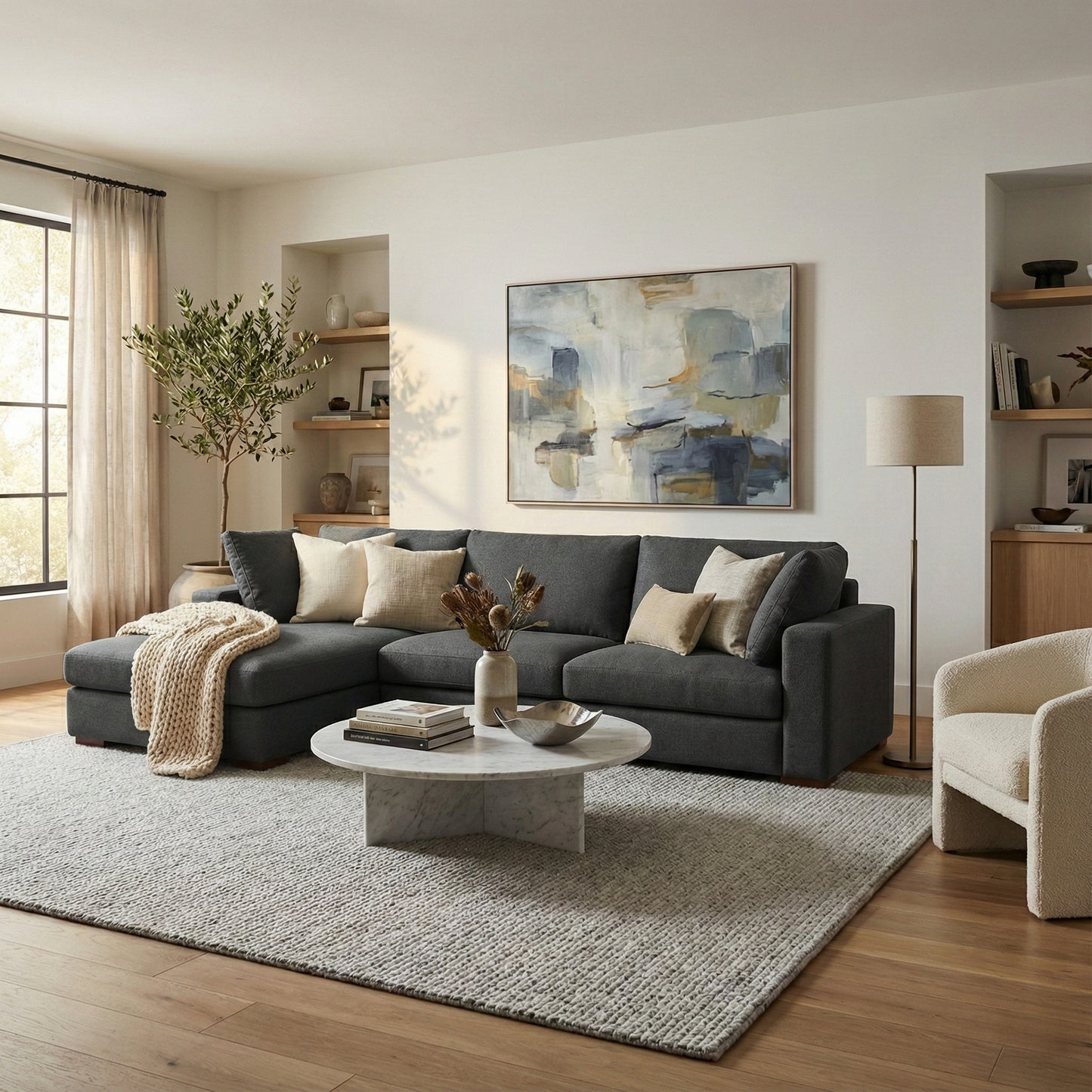 Charlie Deep Seater Left Sectional Sofa in Pebble Grey Performance Fabric with Solid Wood Frame, 122-Inch Wide, 8-Inch Thick Cushions - detail view 4
