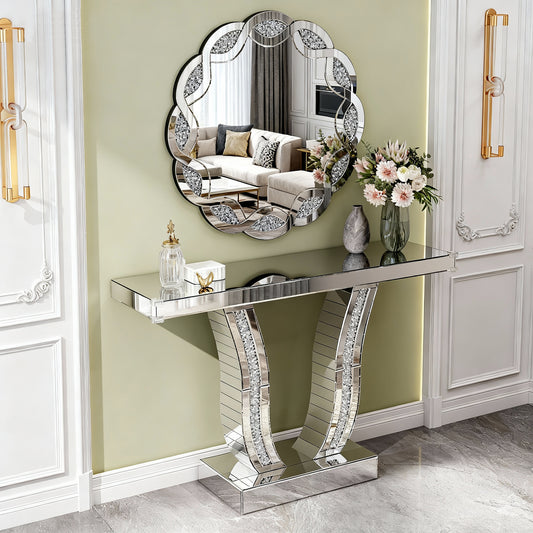 43-inch Mirrored Console Table with Crystal Accents