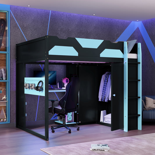 Full Size Wood Loft Bed with Desk - Blue - primary color shot