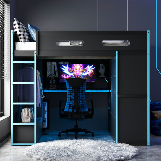 Full Size Wood Loft Bed with Desk - Blue - primary color shot