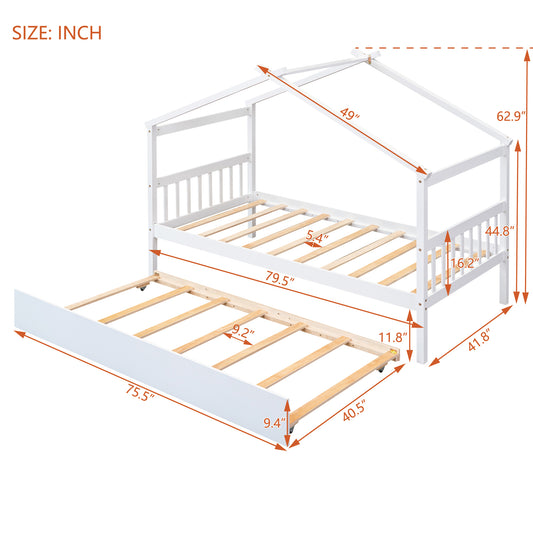 Palomar Twin Size Wooden House Bed with Twin Size Trundle, White