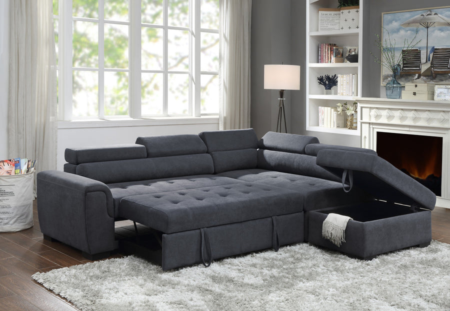 Haris 97' Dark Gray Fabric Sleeper Sofa Sectional with Adjustable Headrest and Storage Ottoman - primary image