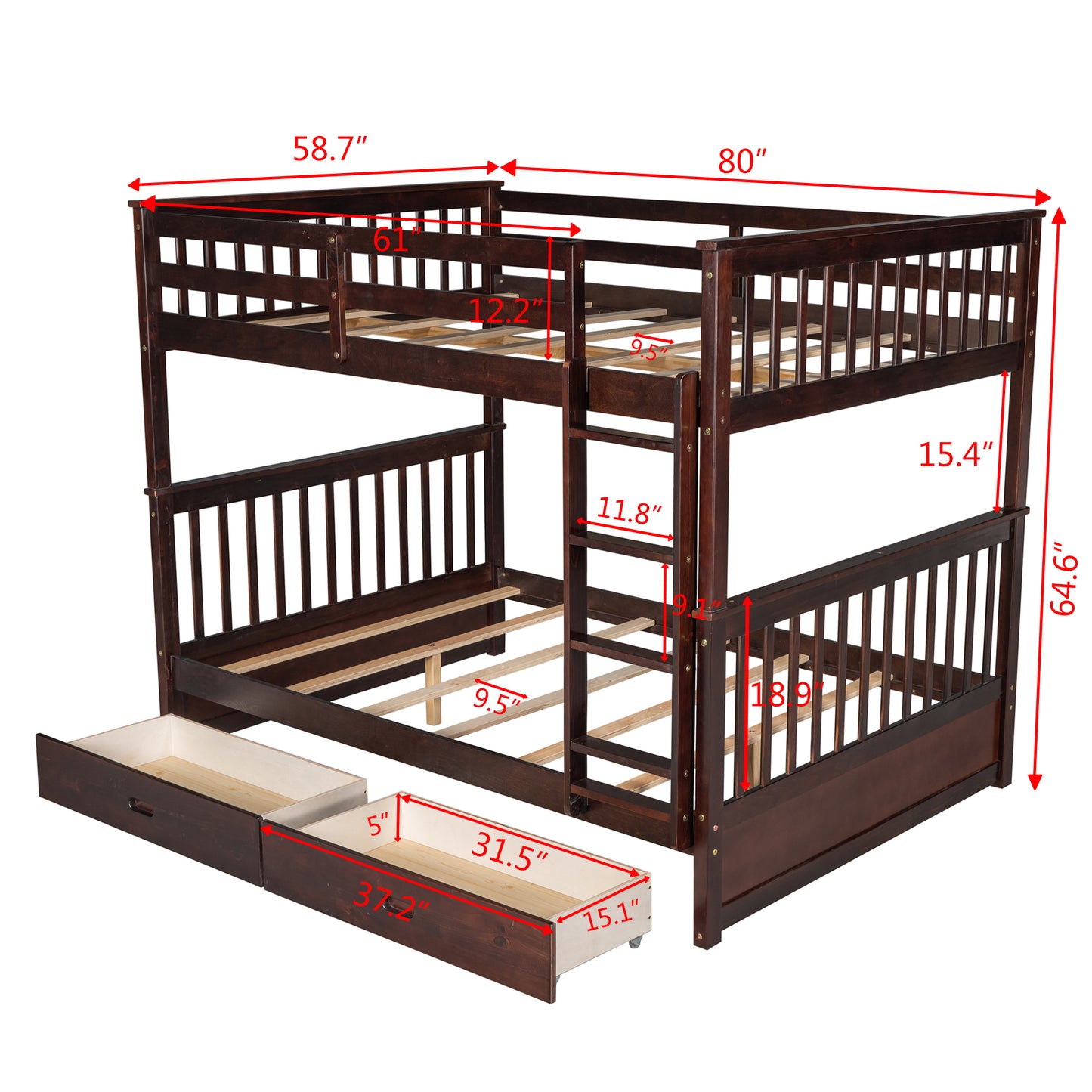 Full-Over-Full Bunk Bed with Ladders and Two Storage Drawers Espresso