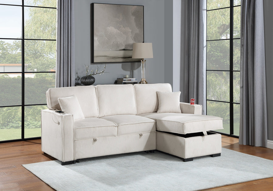 Convertible Sectional Beige Color Corduroy Reversible Chaise w Storage And Sofa Pull Out Bed Pillows Living Room 2pc Set - primary color shot