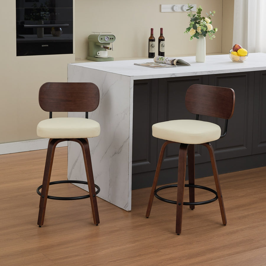 Beige PU Leather Bar Stool with Wood Legs (Set of 2)