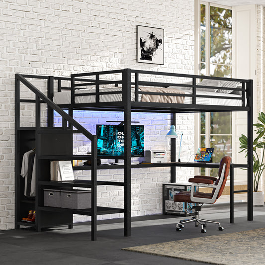 Full Size Loft Bed with L-Shaped Desk and USB - Black - primary color shot