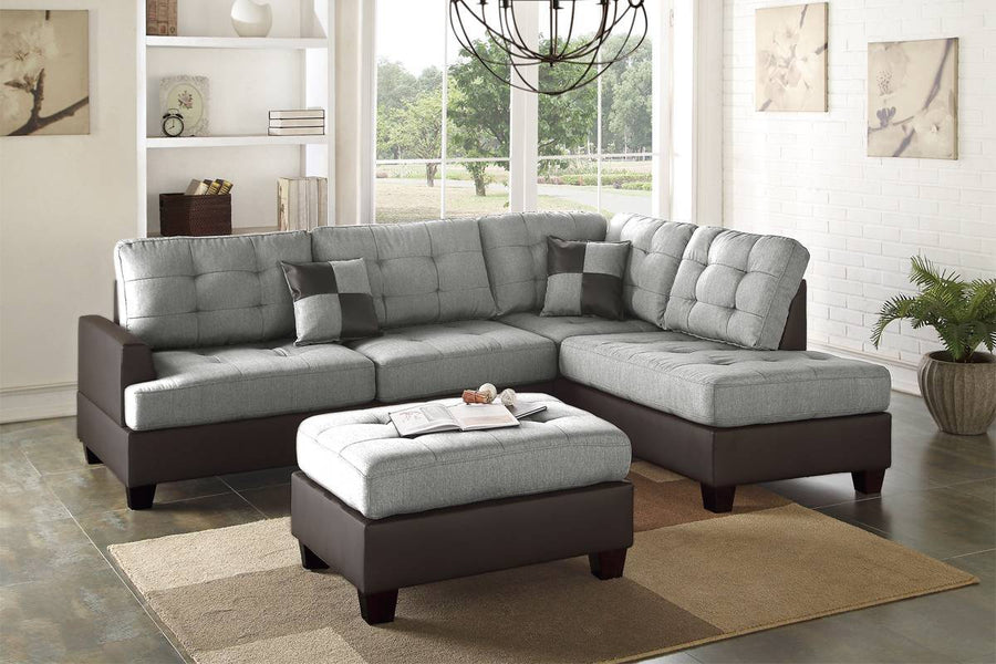 Contemporary Sectional Sofa Grey Polyfiber Linen Like Fabric Cushion Tufted Reversible 3pc Sectional Sofa L/R Chaise Ottoman Living Room Furniture Pillows - primary color shot