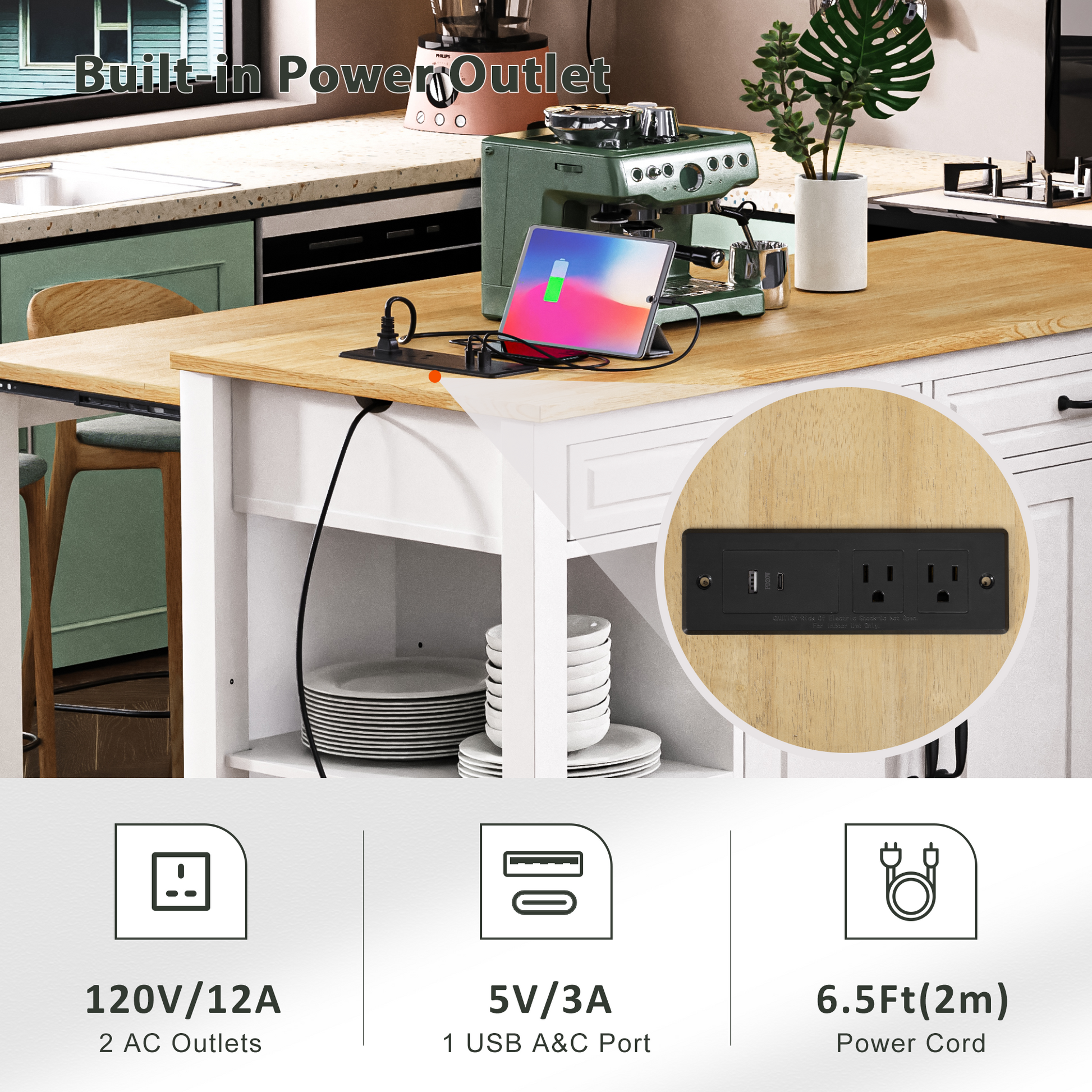 K&k 47" Kitchen Island with Extendable Dining Table - White - detail view 6