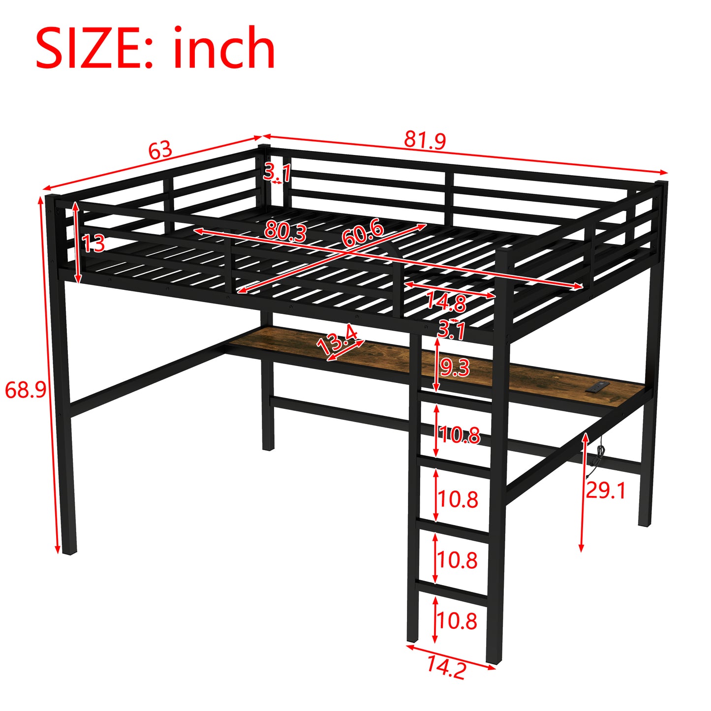 Metal Queen Size Loft Bed with Power Outlet and LED Lighted - Black - detail view 4