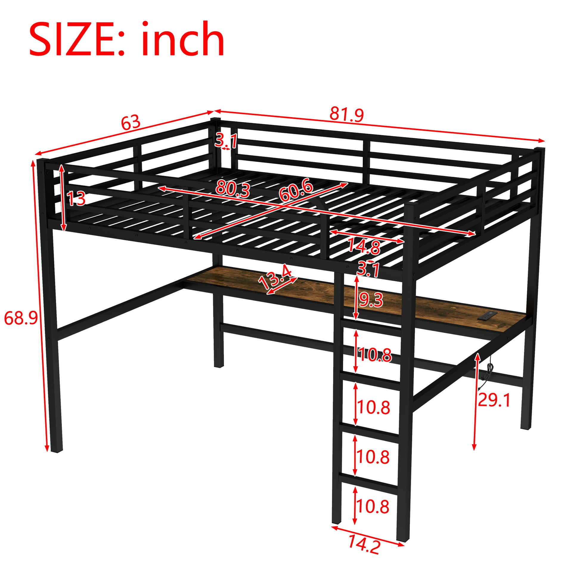 Metal Queen Size Loft Bed with Power Outlet and LED Lighted - Black - detail view 4