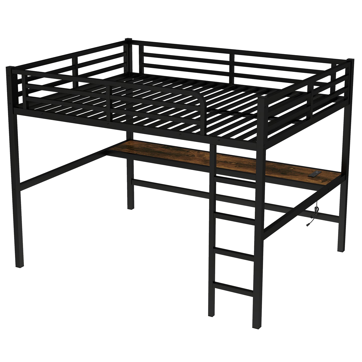 Metal Queen Size Loft Bed with Power Outlet and LED Lighted - Black - detail view 7