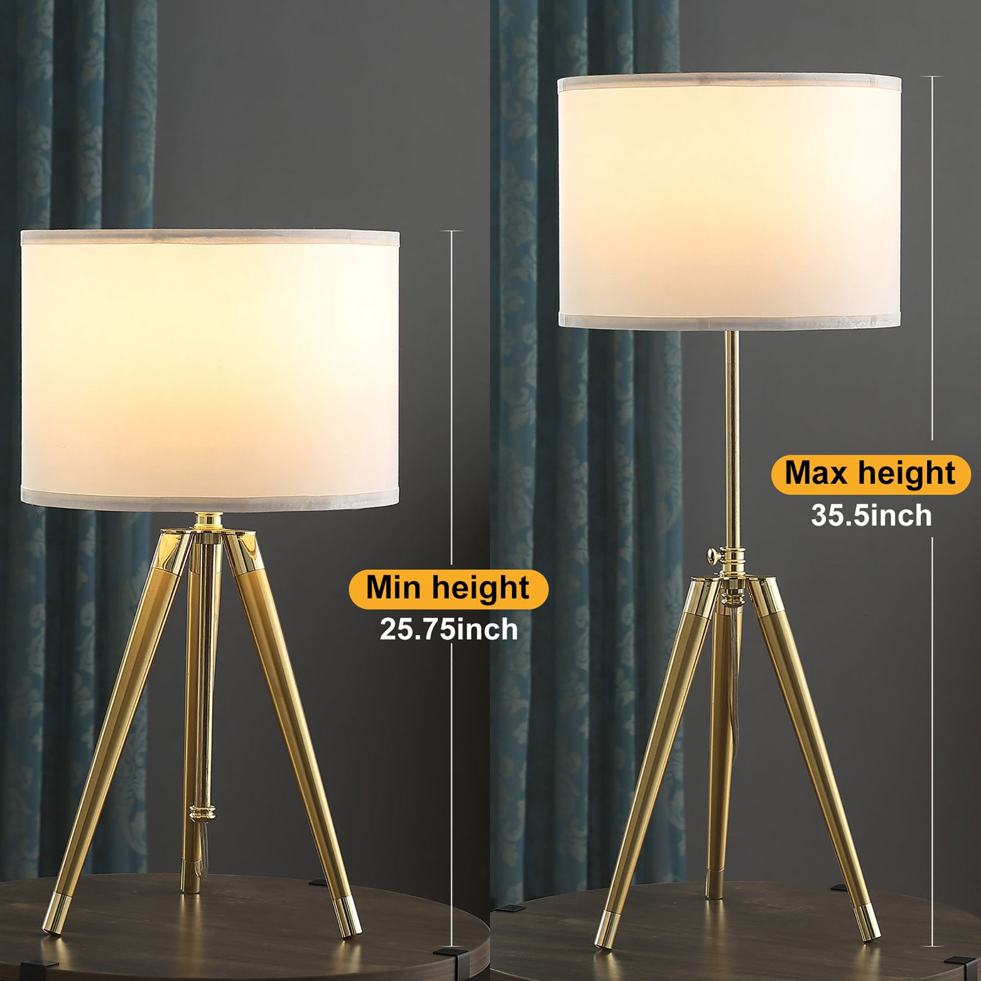 Adjustable Height Brass/Shiny Gold Modern Tripod Table Lamp