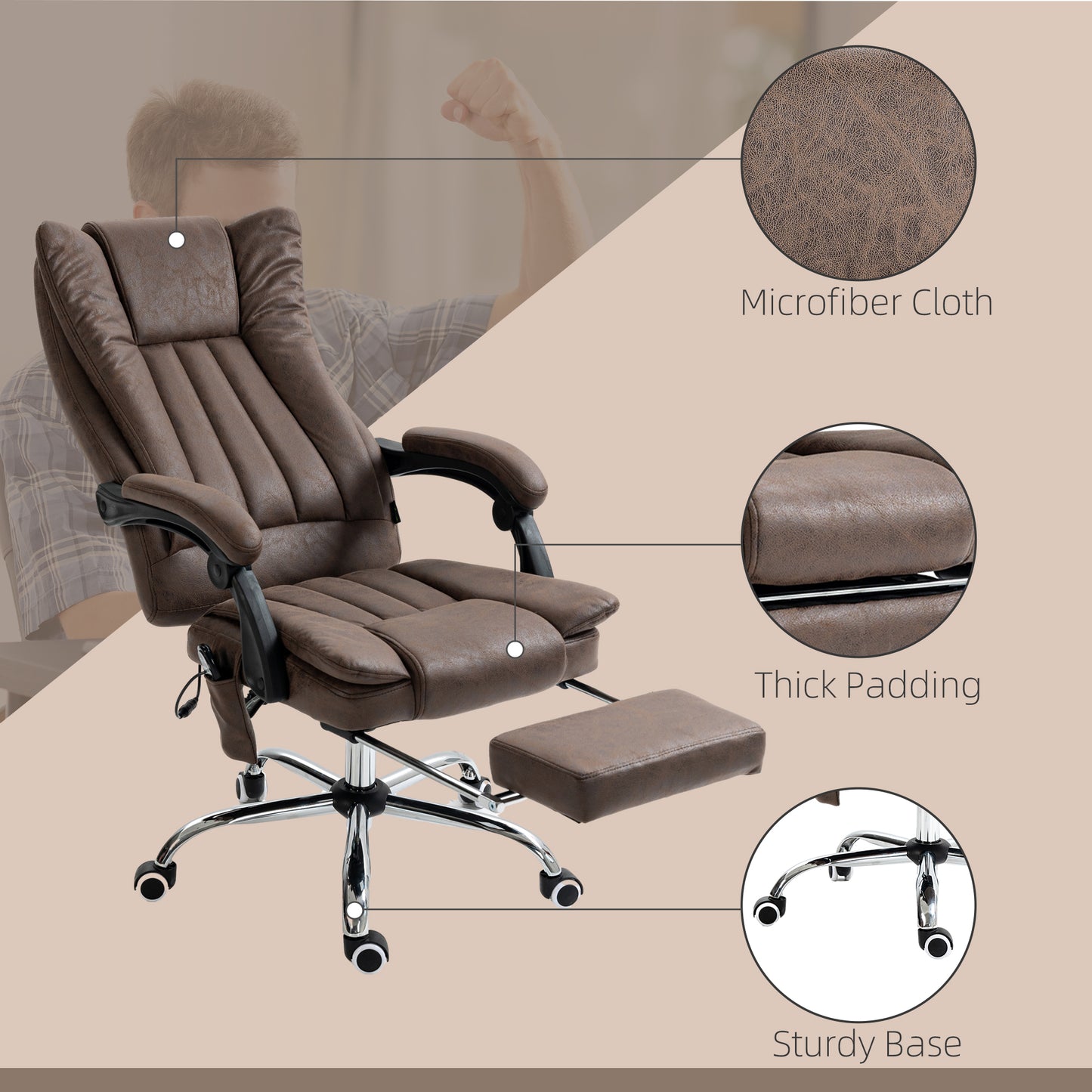 Cora High Bak Microfiber Office Chair with Heat & Massage, Brown