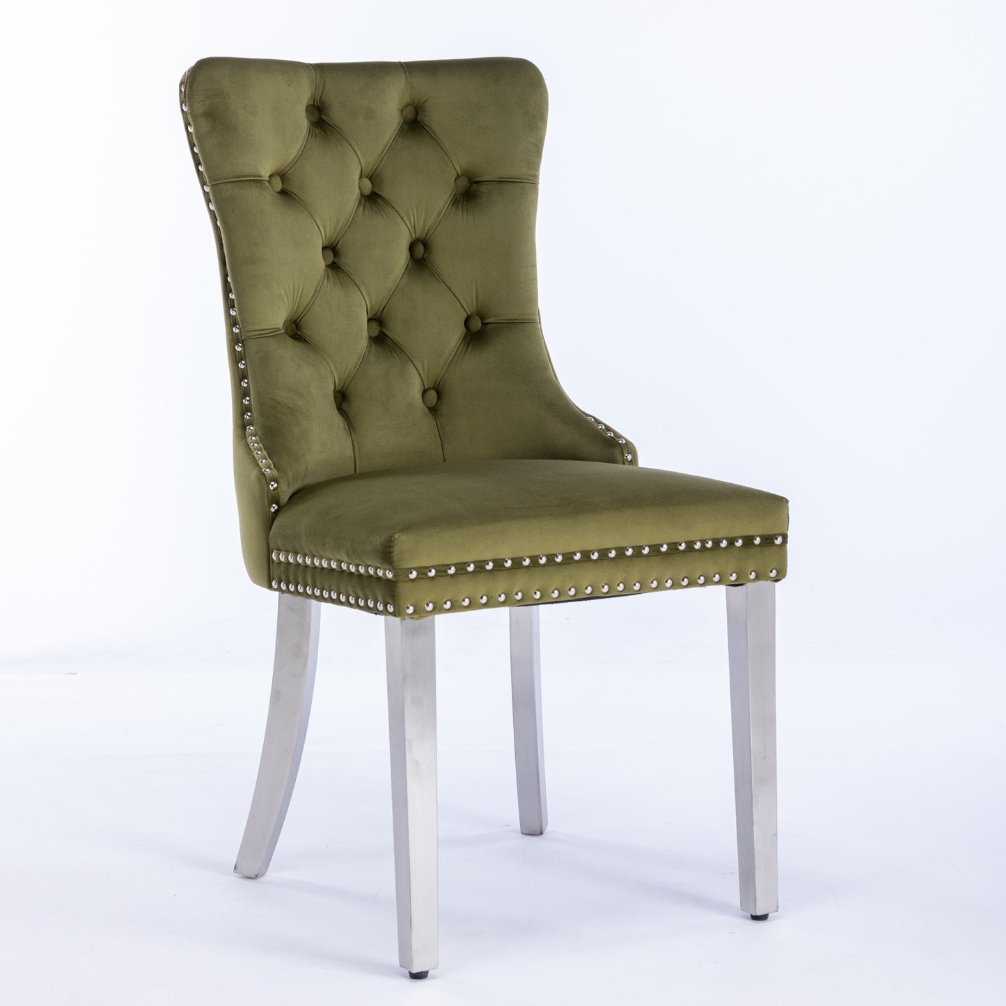 Niki Modern Velvet Side Chair with Nailhead Trim & Silver Leg Set of 2 Olive