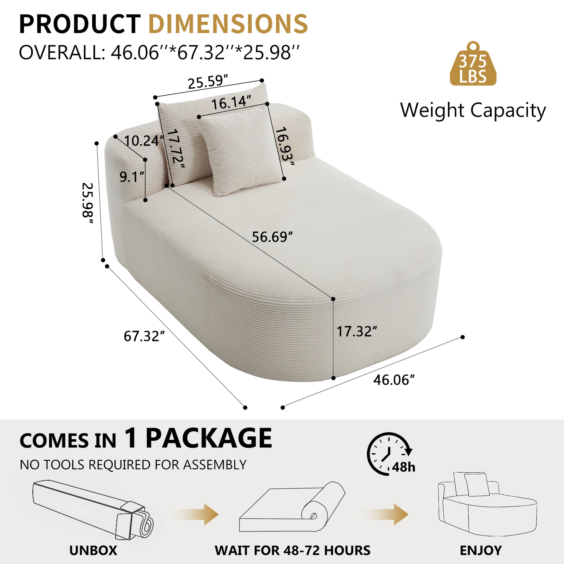 White Oversized Corduroy Chaise Lounge Sofa Bed with Deep Seat & Soft Pillows - Beige - detail view 3