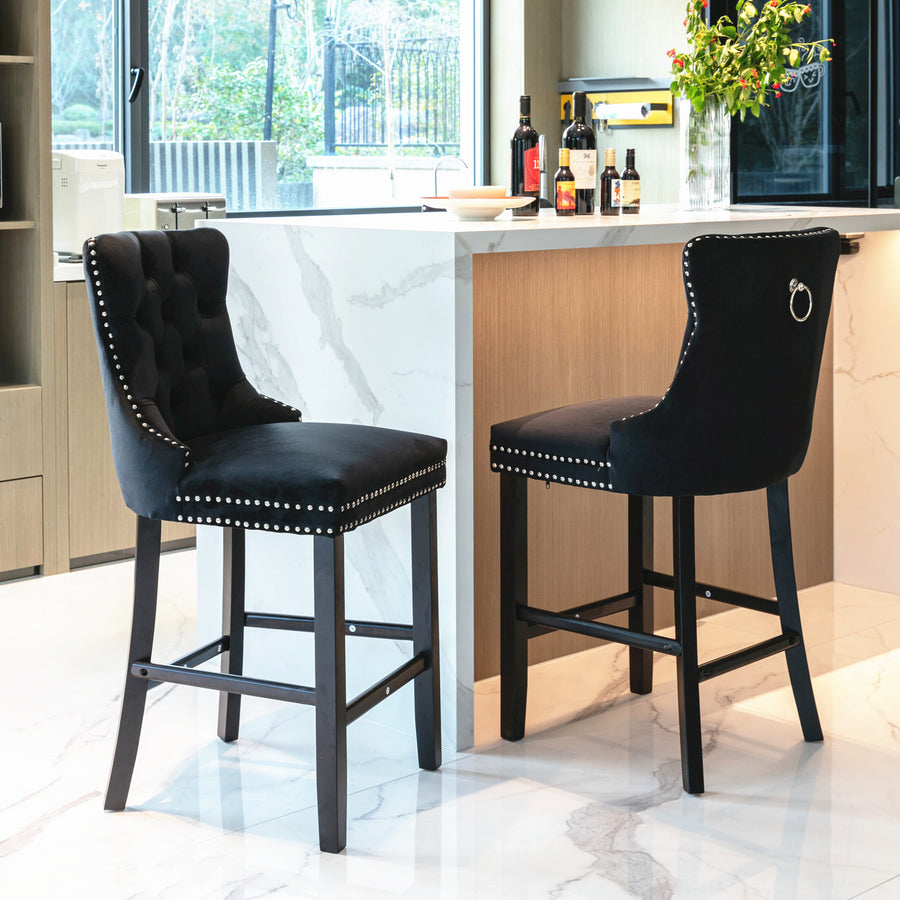 Black Velvet Tufted Nailhead Trim Bar Stool with Silver Legs (Set of 2)
