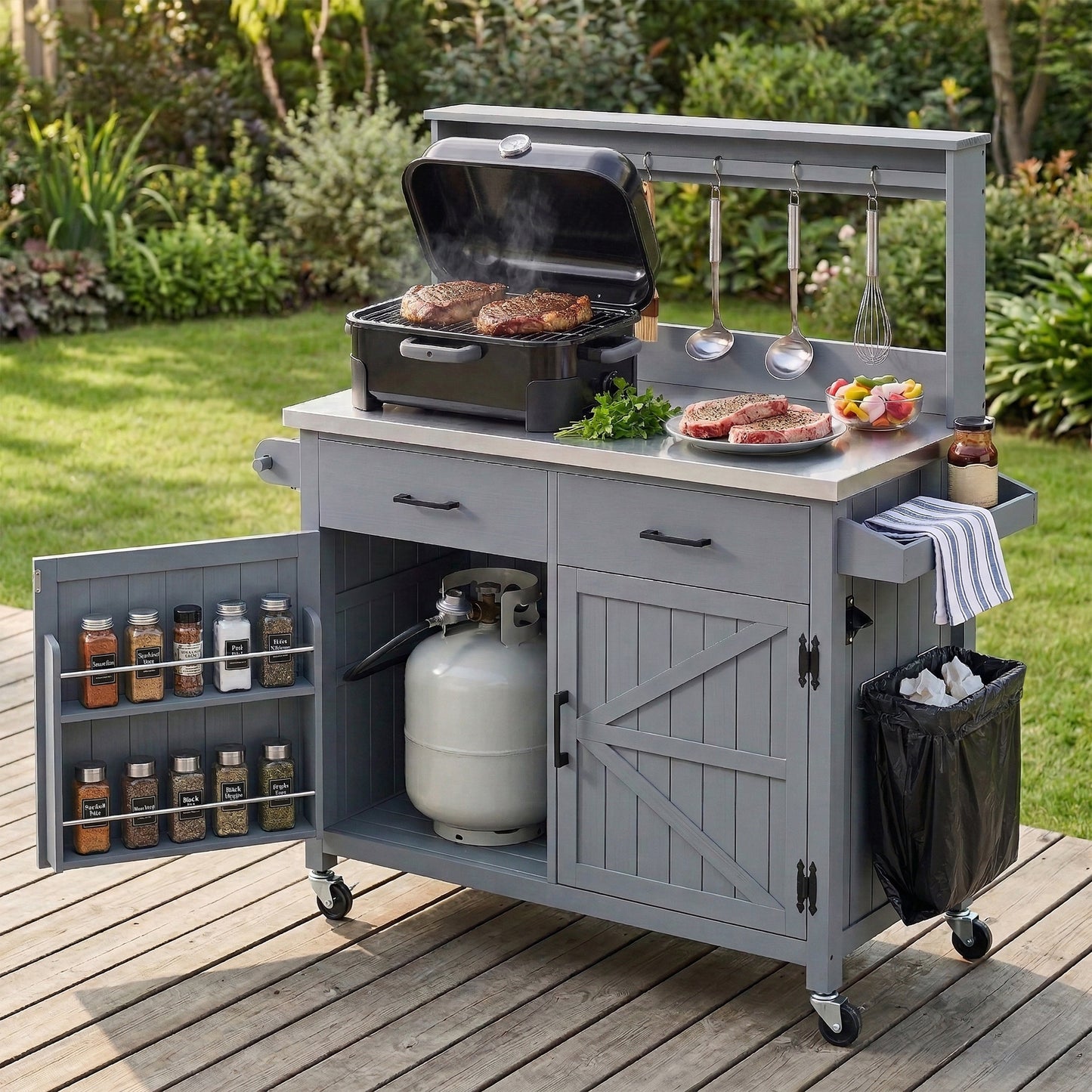 K&k 54.1' Outdoor Kitchen Island with High Shelf - Grey & Blue - primary color shot