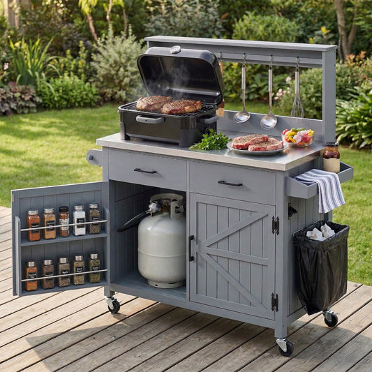 K&k 54.1' Outdoor Kitchen Island with High Shelf - Grey & Blue - primary color shot